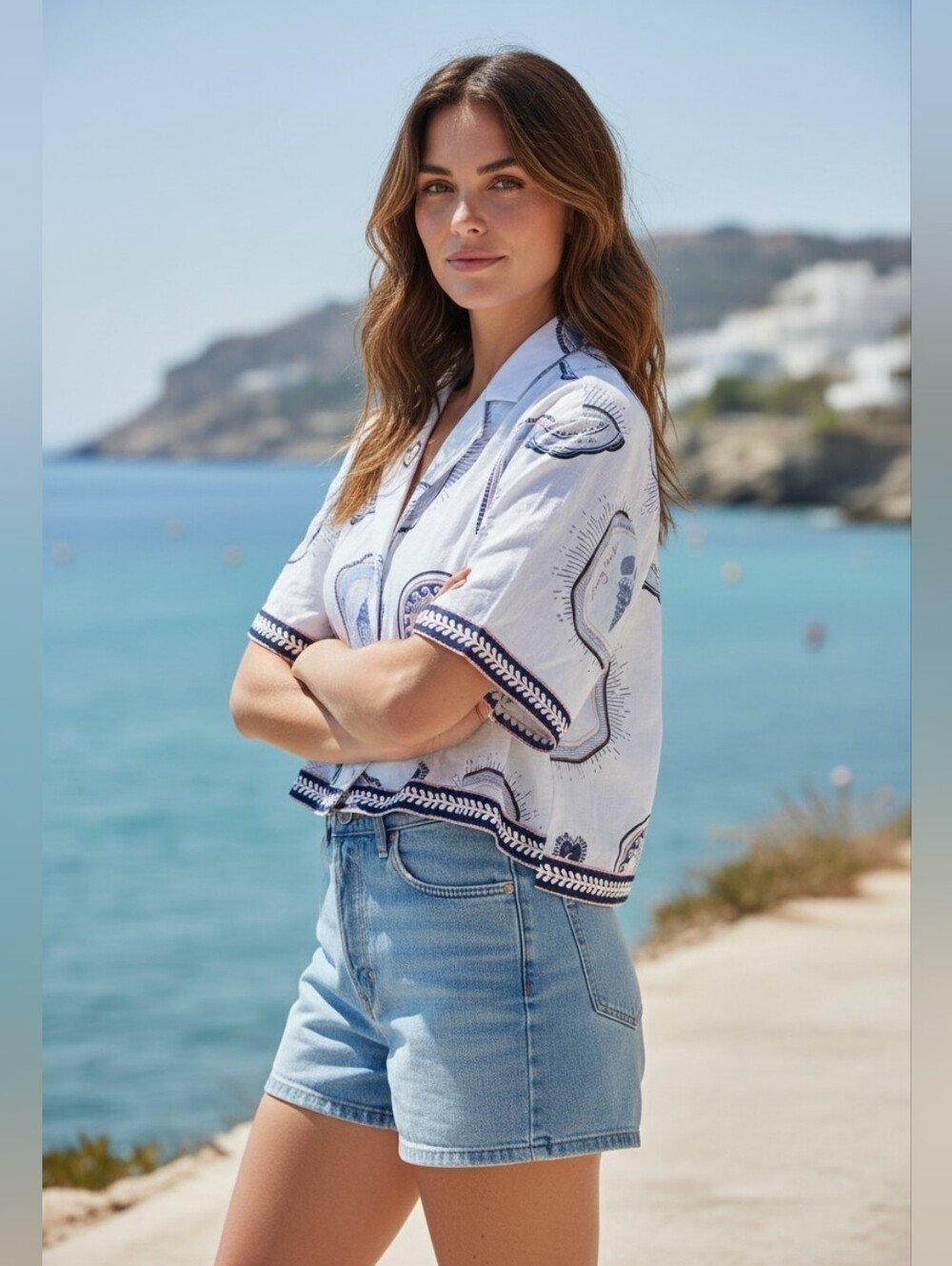 Kivari White Linen Crop Shirt with Navy & Light Blue Print